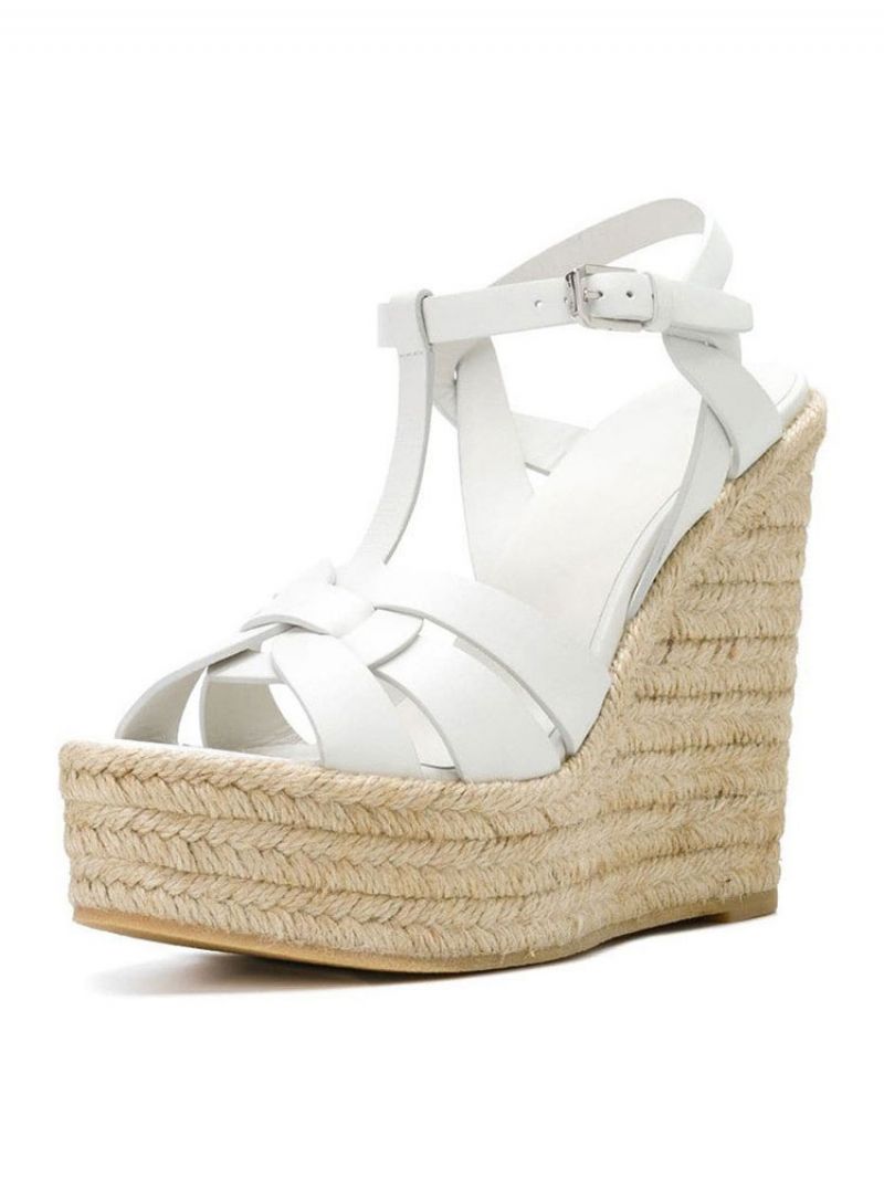 Brown Wedge Sandaler Kvinder Platform Pu Woven T Strap Sko - Hvid