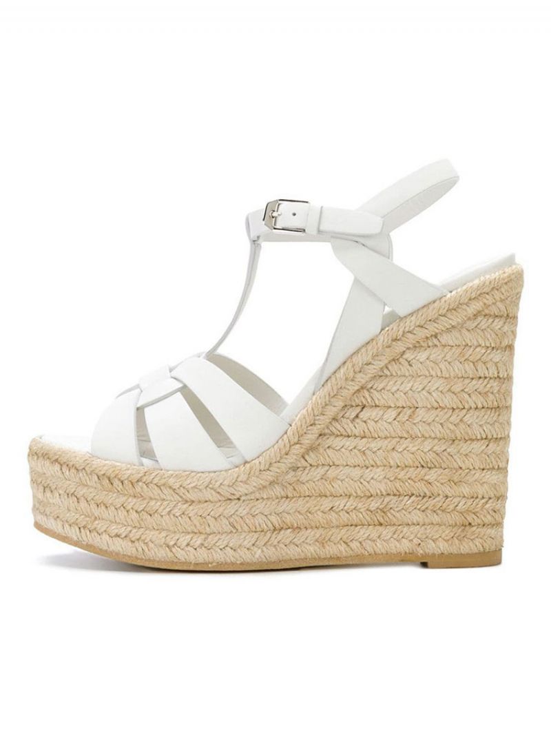 Brown Wedge Sandaler Kvinder Platform Pu Woven T Strap Sko - Hvid