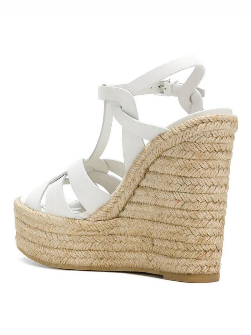 Brown Wedge Sandaler Kvinder Platform Pu Woven T Strap Sko - Hvid