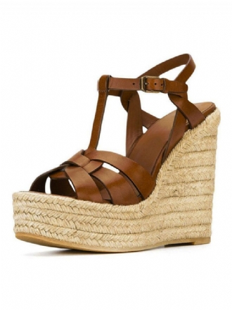 Brown Wedge Sandaler Kvinder Platform Pu Woven T Strap Sko