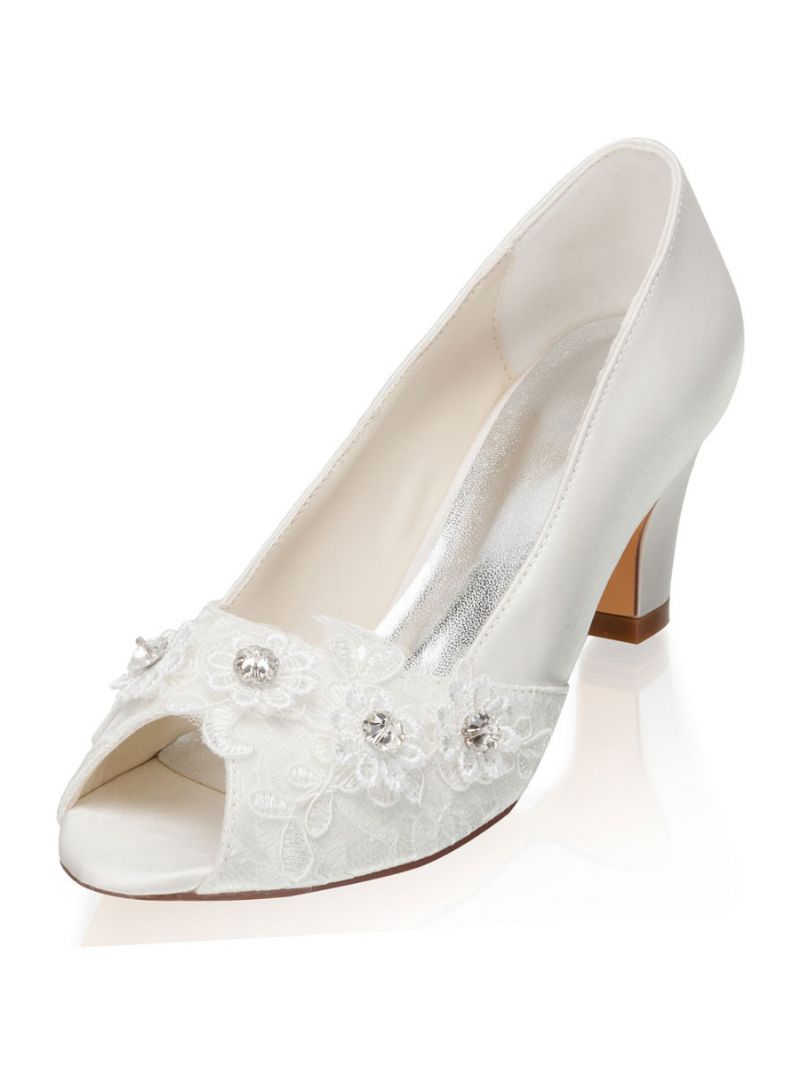 Brudesko I Elfenben Til Kvinder Satin Rhinestones Peep Toe Chunky Heel