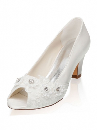 Brudesko I Elfenben Til Kvinder Satin Rhinestones Peep Toe Chunky Heel