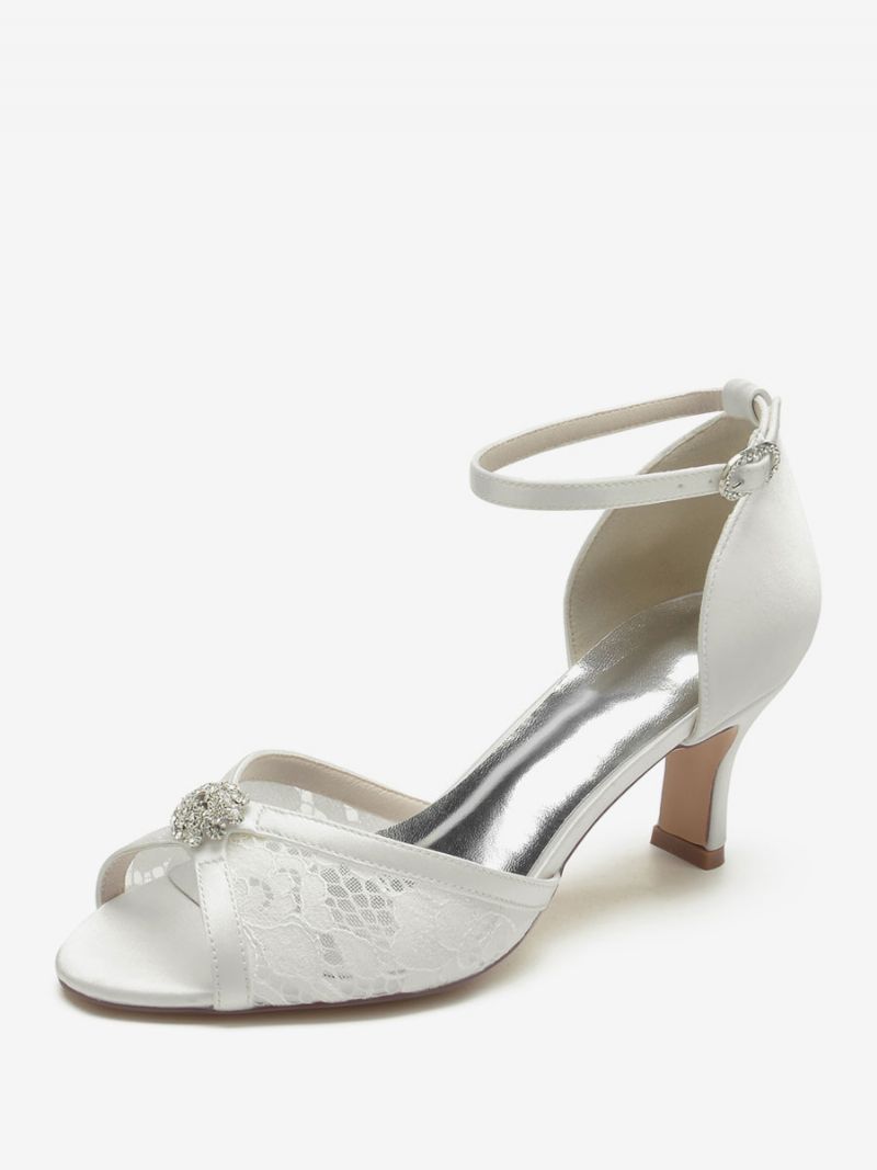 Brudesko Med Blonder Til Kvinder Peep Toe Rhinestones Chunky Heel