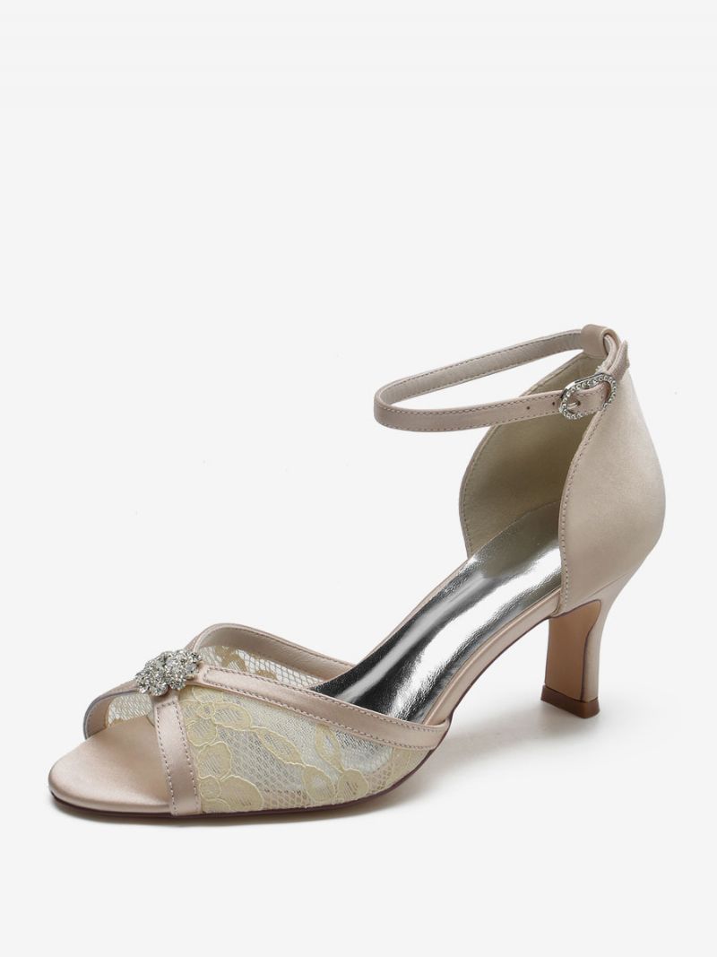 Brudesko Med Blonder Til Kvinder Peep Toe Rhinestones Chunky Heel - Champagne