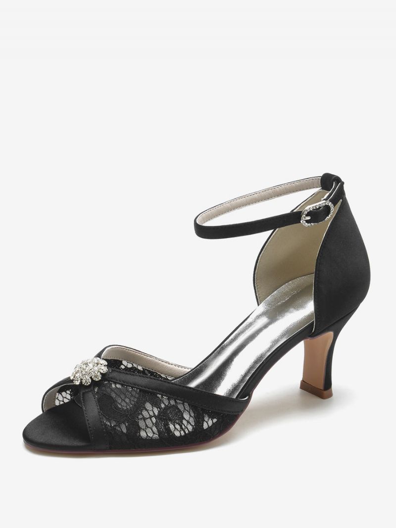 Brudesko Med Blonder Til Kvinder Peep Toe Rhinestones Chunky Heel - Sort