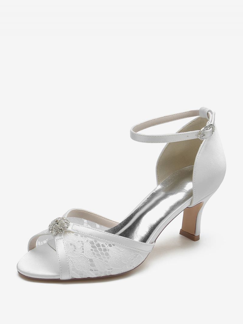 Brudesko Med Blonder Til Kvinder Peep Toe Rhinestones Chunky Heel - Hvid