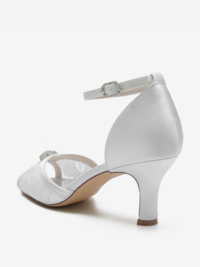 Brudesko Med Blonder Til Kvinder Peep Toe Rhinestones Chunky Heel - Hvid