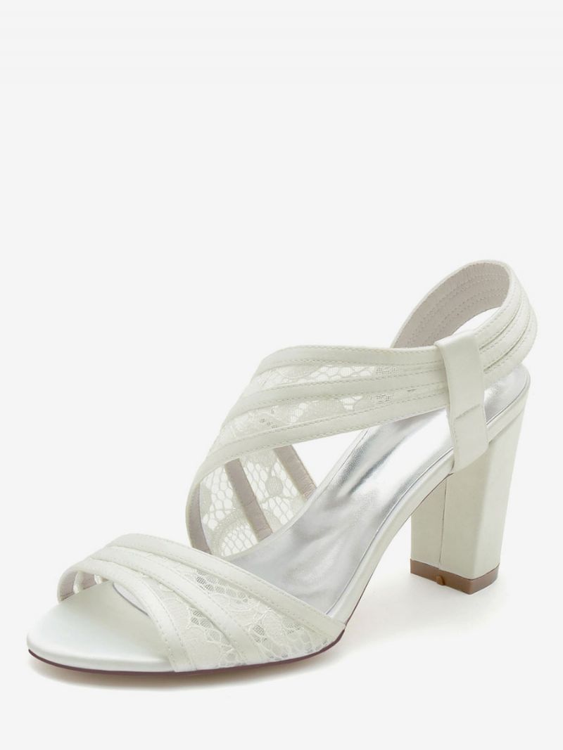 Brudesko Til Kvinder Broderede Blonder Peep Toe Chunky Heel - Elfenben