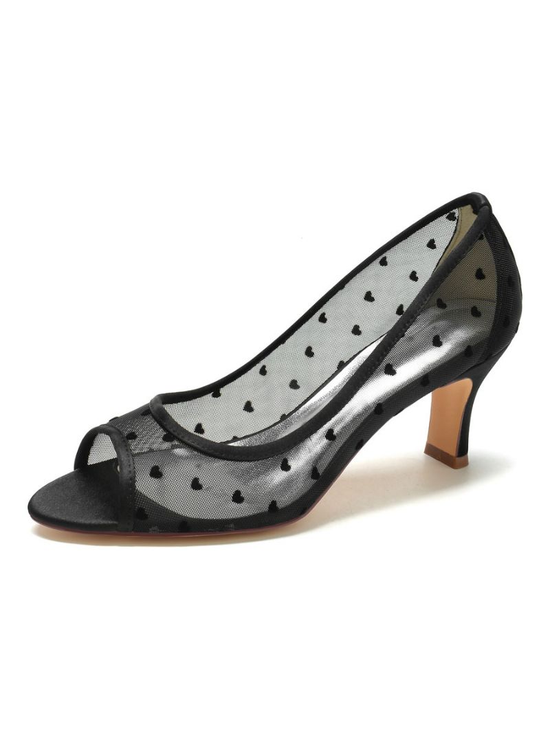 Brudesko Til Kvinder Broderet Mesh Peep Toe Chunky Heel - Sort