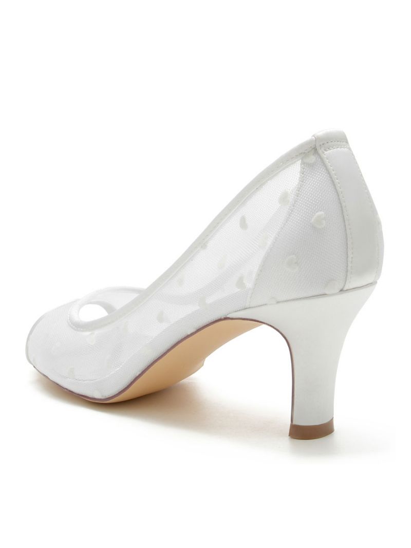 Brudesko Til Kvinder Broderet Mesh Peep Toe Chunky Heel - Hvid