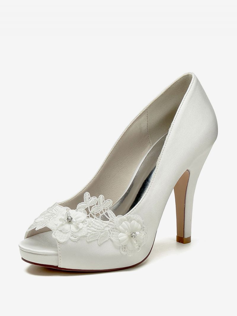 Brudesko Til Kvinder Brude Pumps Satin Peep Toe - Elfenben