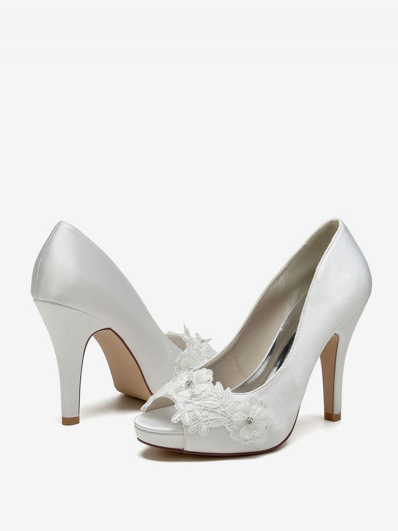 Brudesko Til Kvinder Brude Pumps Satin Peep Toe - Elfenben