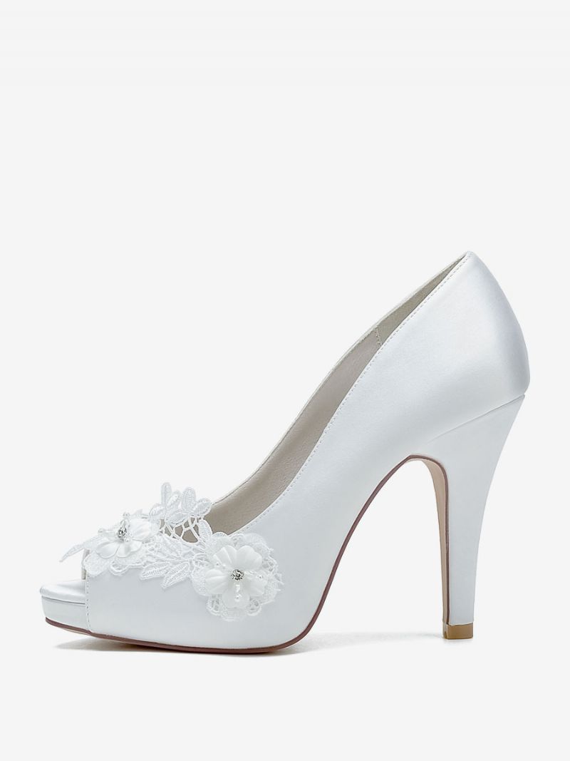 Brudesko Til Kvinder Brude Pumps Satin Peep Toe - Hvid