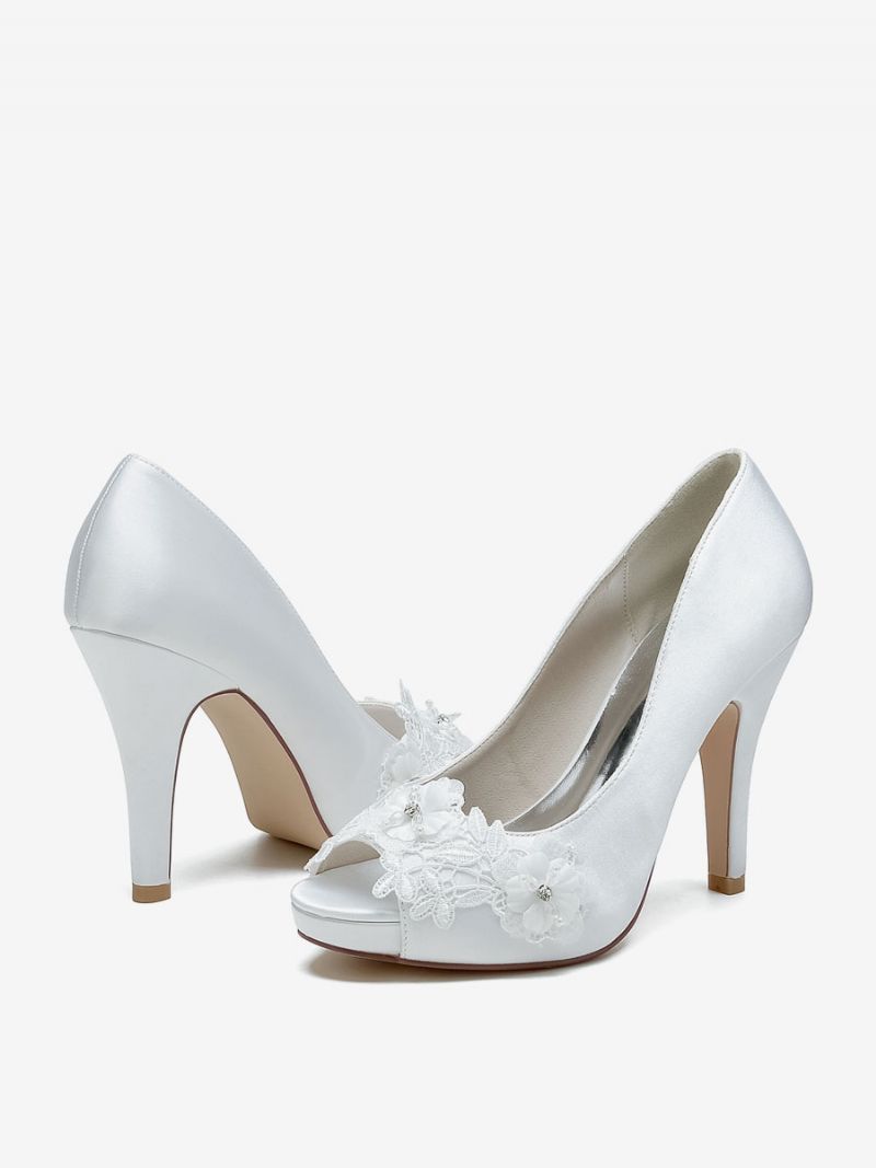 Brudesko Til Kvinder Brude Pumps Satin Peep Toe - Hvid