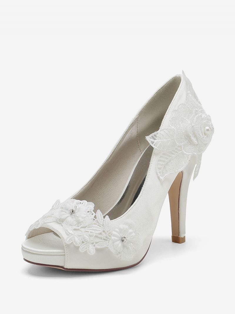 Brudesko Til Kvinder Brude Pumps Satin Peep Toe - Elfenben