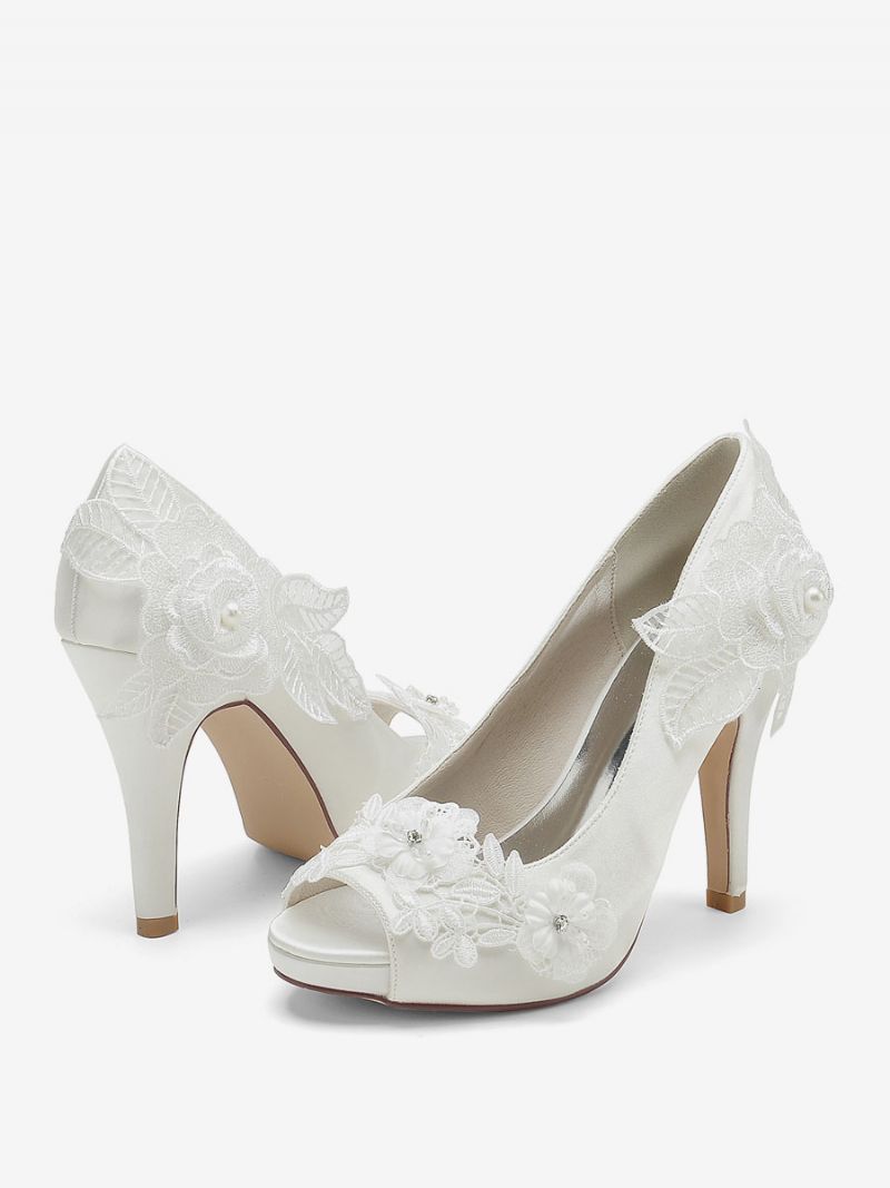 Brudesko Til Kvinder Brude Pumps Satin Peep Toe - Elfenben