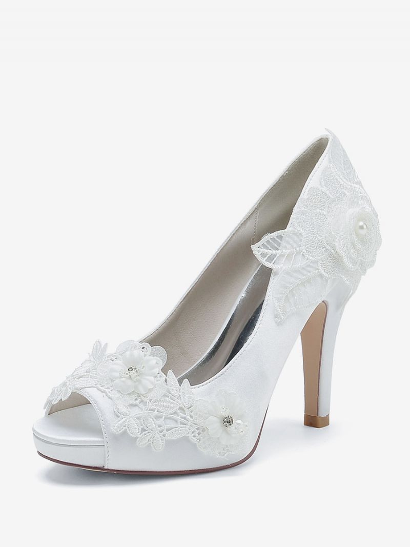 Brudesko Til Kvinder Brude Pumps Satin Peep Toe - Hvid