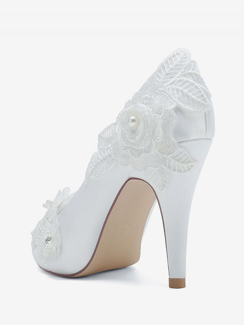 Brudesko Til Kvinder Brude Pumps Satin Peep Toe - Hvid