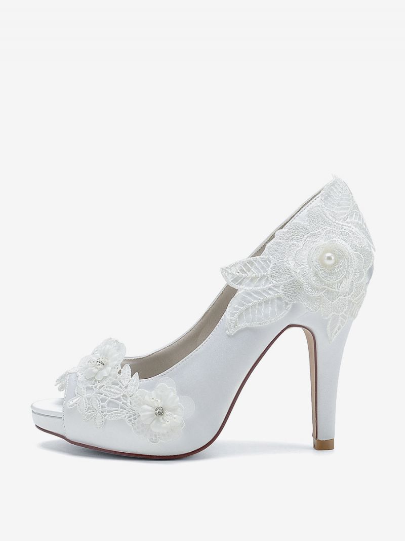 Brudesko Til Kvinder Brude Pumps Satin Peep Toe - Hvid