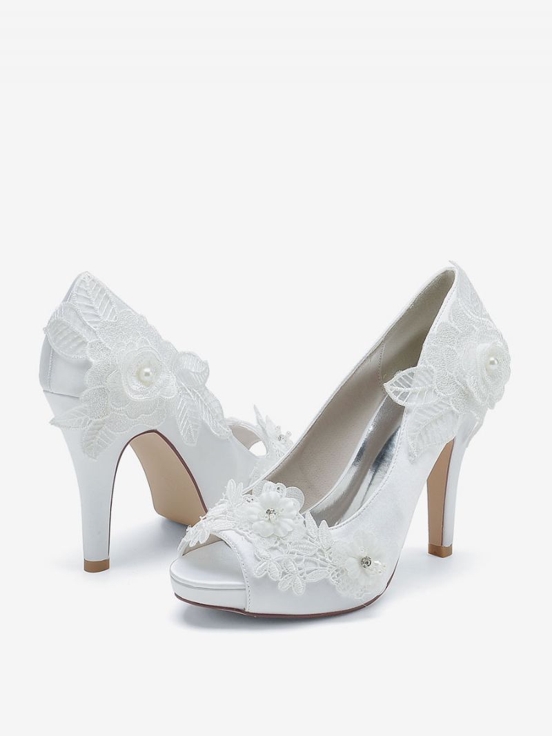 Brudesko Til Kvinder Brude Pumps Satin Peep Toe - Hvid