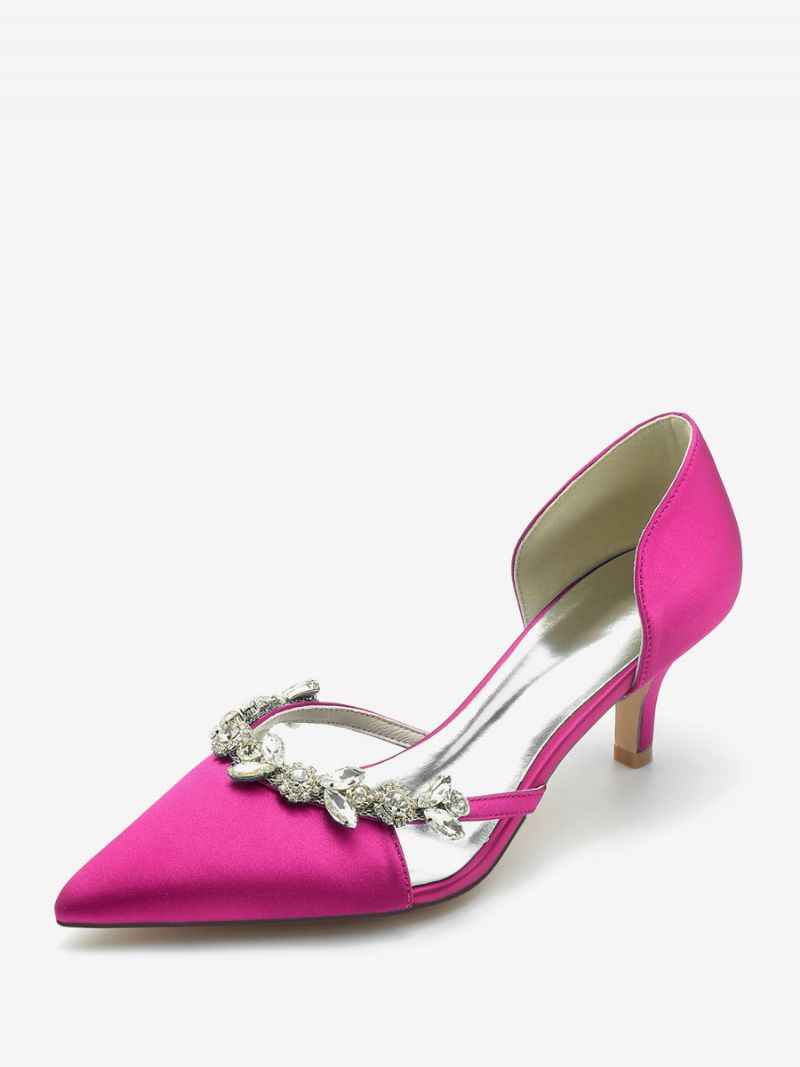 Brudesko Til Kvinder Brude Pumps Silke Og Satin Spidstå Rhinestones Slip On Sko Kitten Heel - Rose