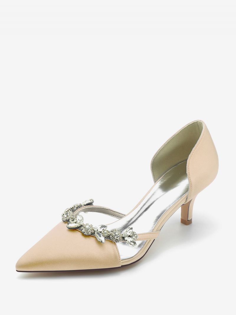 Brudesko Til Kvinder Brude Pumps Silke Og Satin Spidstå Rhinestones Slip On Sko Kitten Heel - Champagne