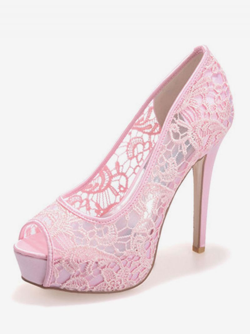 Brudesko Til Kvinder Hvid Blonde Peep Toe Stilethæl Platform - Pink