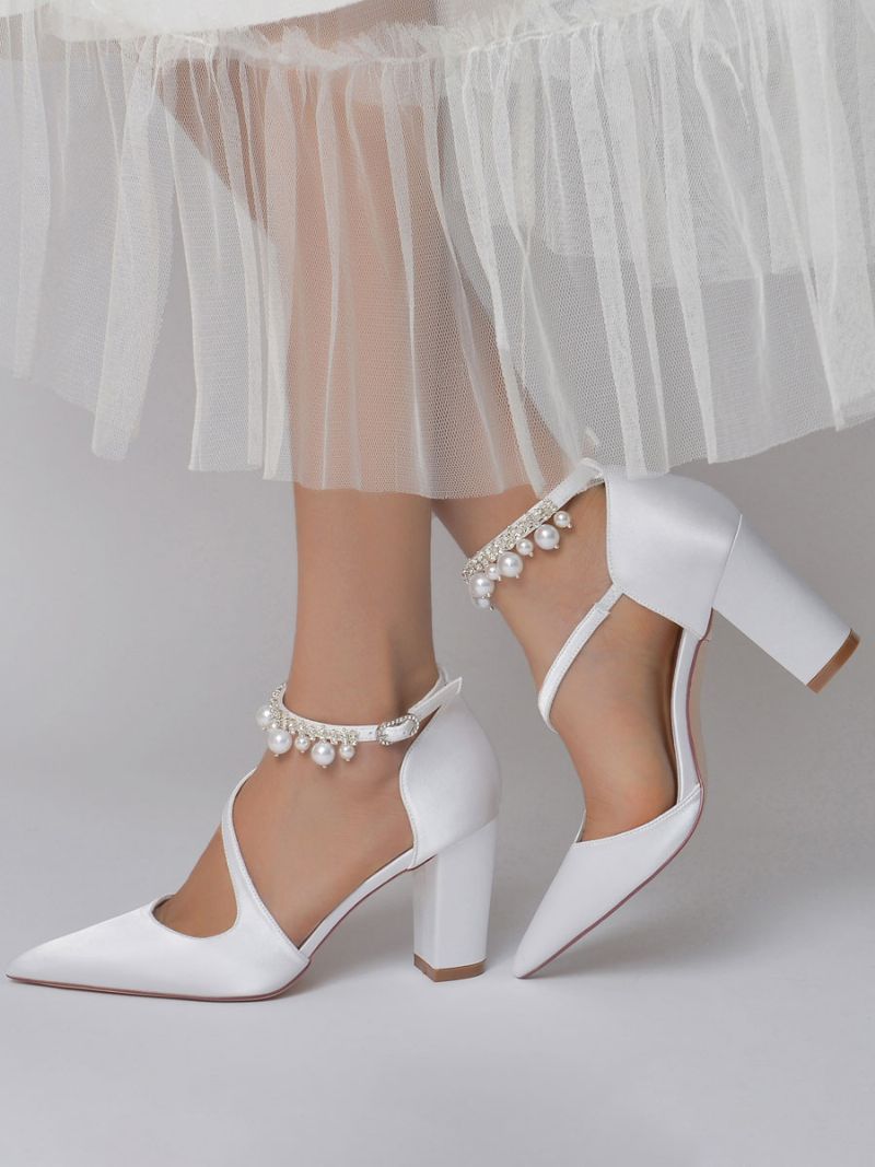 Brudesko Til Kvinder Perler Chunky Heel Pumps I Satin