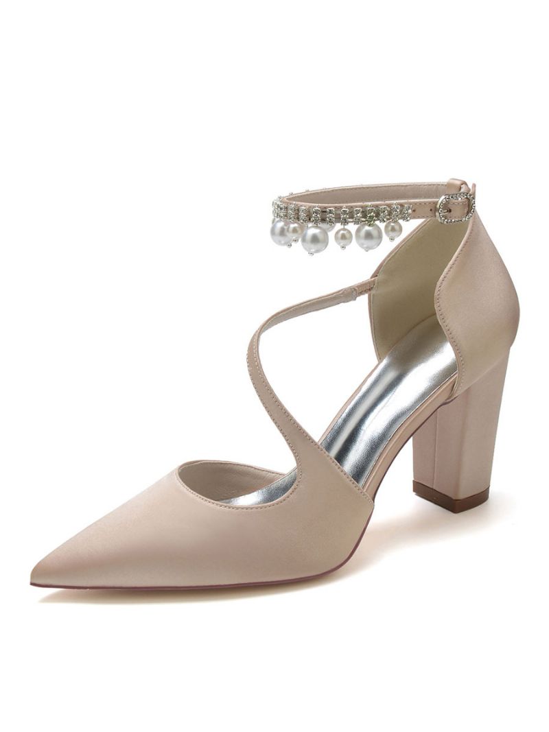 Brudesko Til Kvinder Perler Chunky Heel Pumps I Satin - Champagne