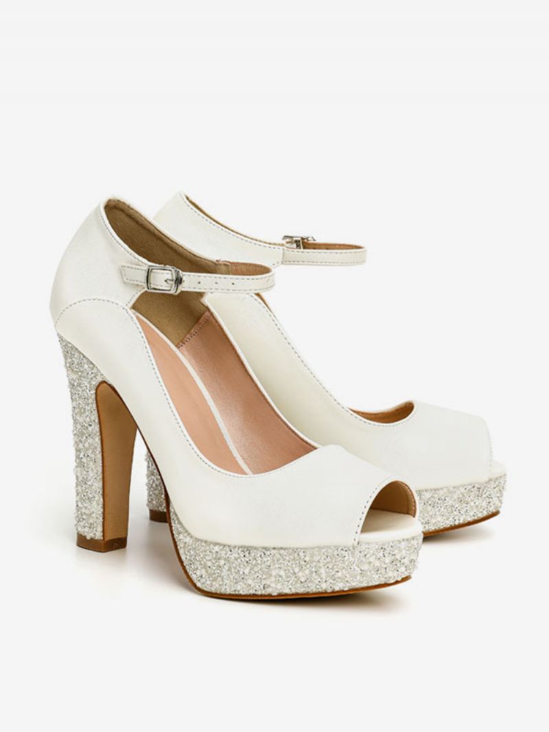 Brudesko Til Kvinder Pu-læder Ecru Hvid Peep Toe Pearls - Beige