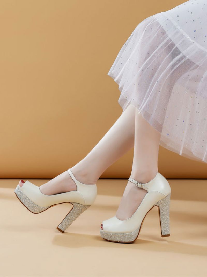 Brudesko Til Kvinder Pu-læder Ecru Hvid Peep Toe Pearls - Beige