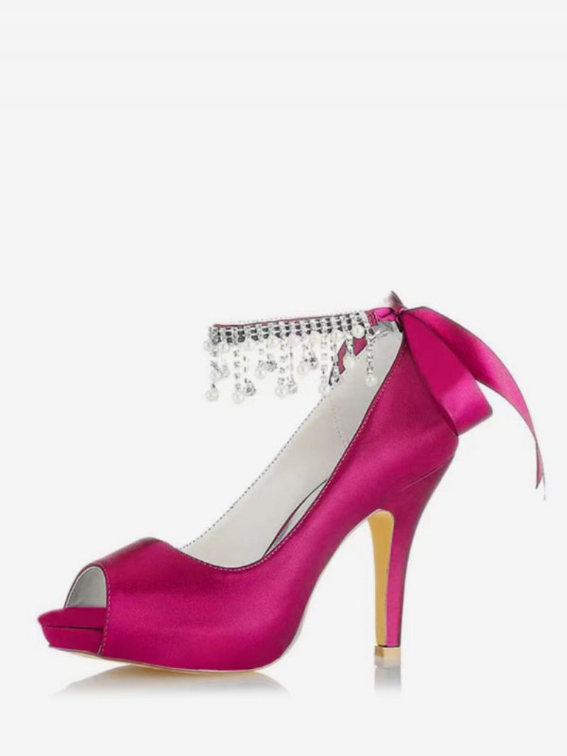 Brudesko Til Kvinder Satin Burgund Peep Toe Rhinestones Chunky Heel - Rose