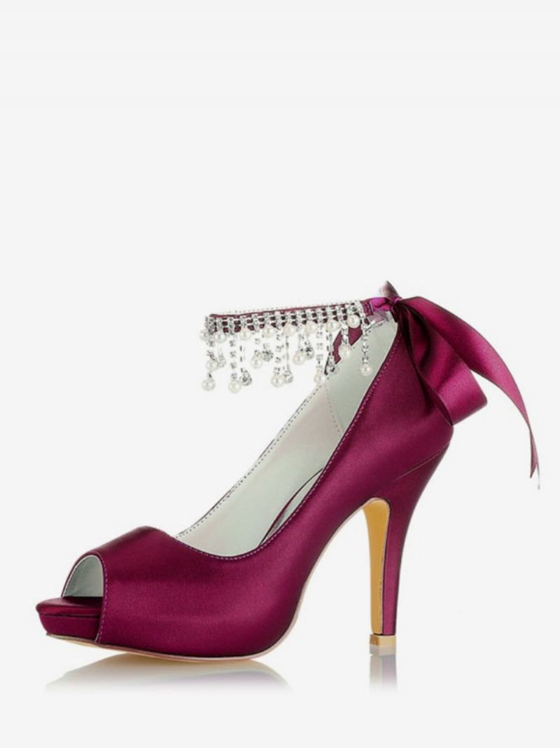 Brudesko Til Kvinder Satin Burgund Peep Toe Rhinestones Chunky Heel - Burgogne