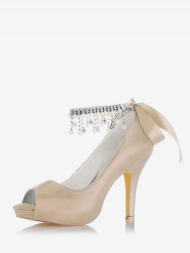 Brudesko Til Kvinder Satin Burgund Peep Toe Rhinestones Chunky Heel - Champagne