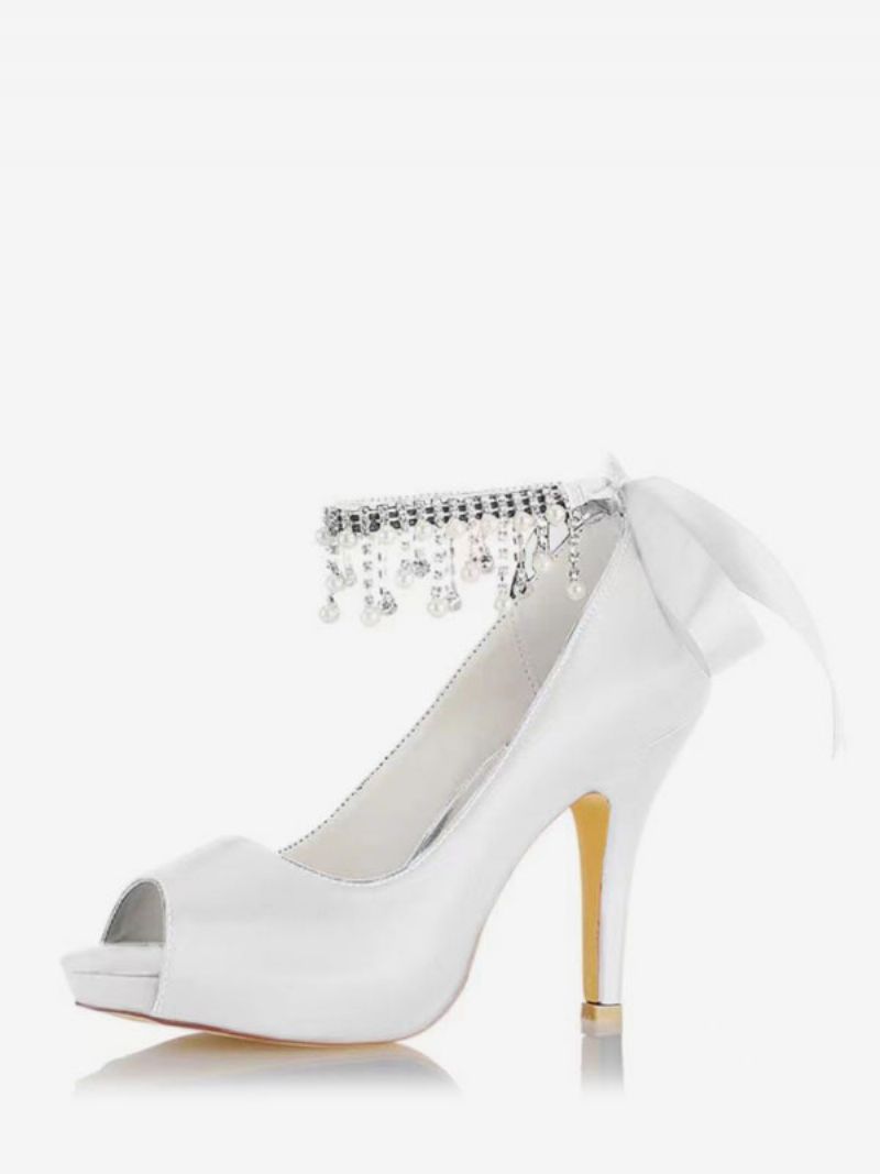 Brudesko Til Kvinder Satin Burgund Peep Toe Rhinestones Chunky Heel - Hvid