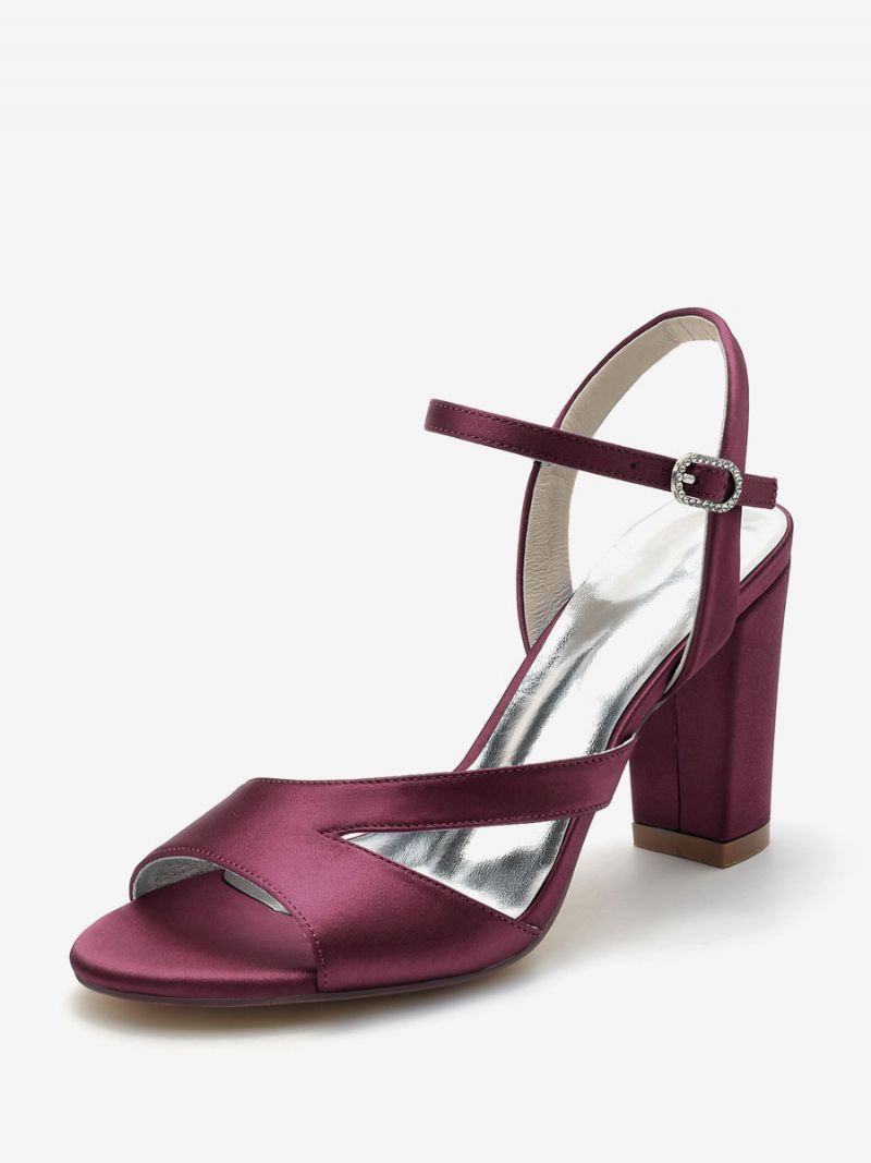 Brudesko Til Kvinder Satin Dybblå Peep Toe Chunky Heel - Burgogne