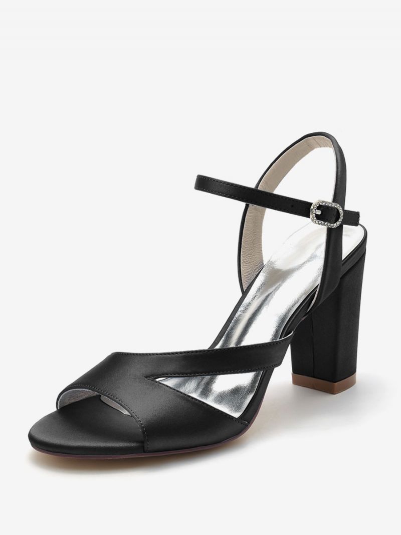 Brudesko Til Kvinder Satin Dybblå Peep Toe Chunky Heel - Sort