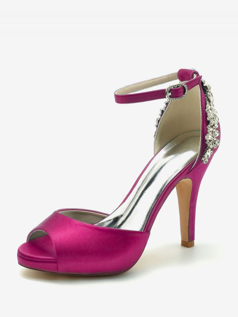 Brudesko Til Kvinder Satin Dybblå Peep Toe Rhinestones Chunky Heel - Rose