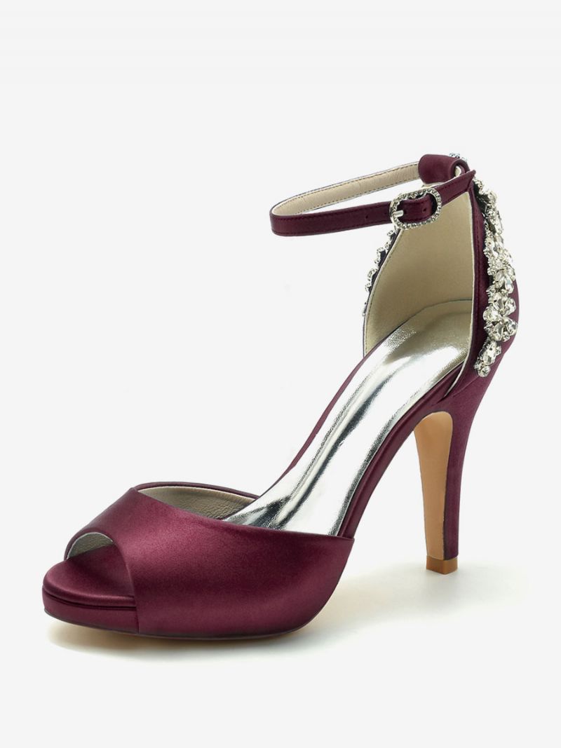 Brudesko Til Kvinder Satin Dybblå Peep Toe Rhinestones Chunky Heel - Burgogne