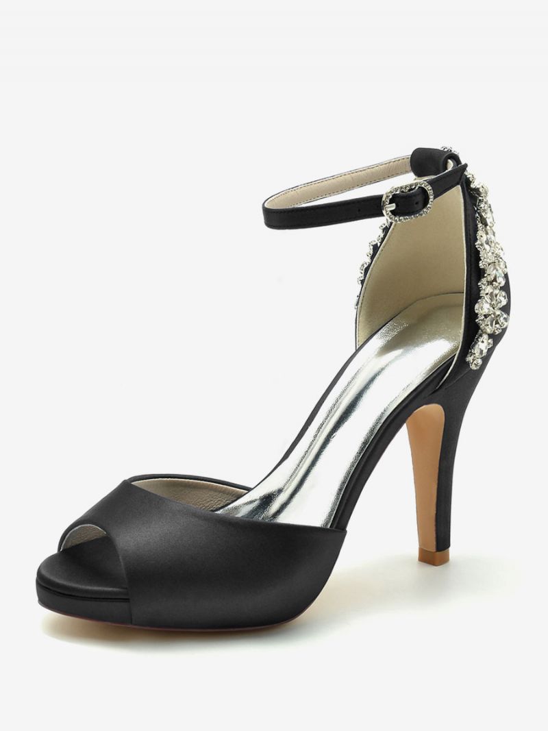 Brudesko Til Kvinder Satin Dybblå Peep Toe Rhinestones Chunky Heel - Sort