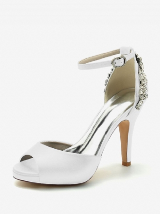 Brudesko Til Kvinder Satin Dybblå Peep Toe Rhinestones Chunky Heel