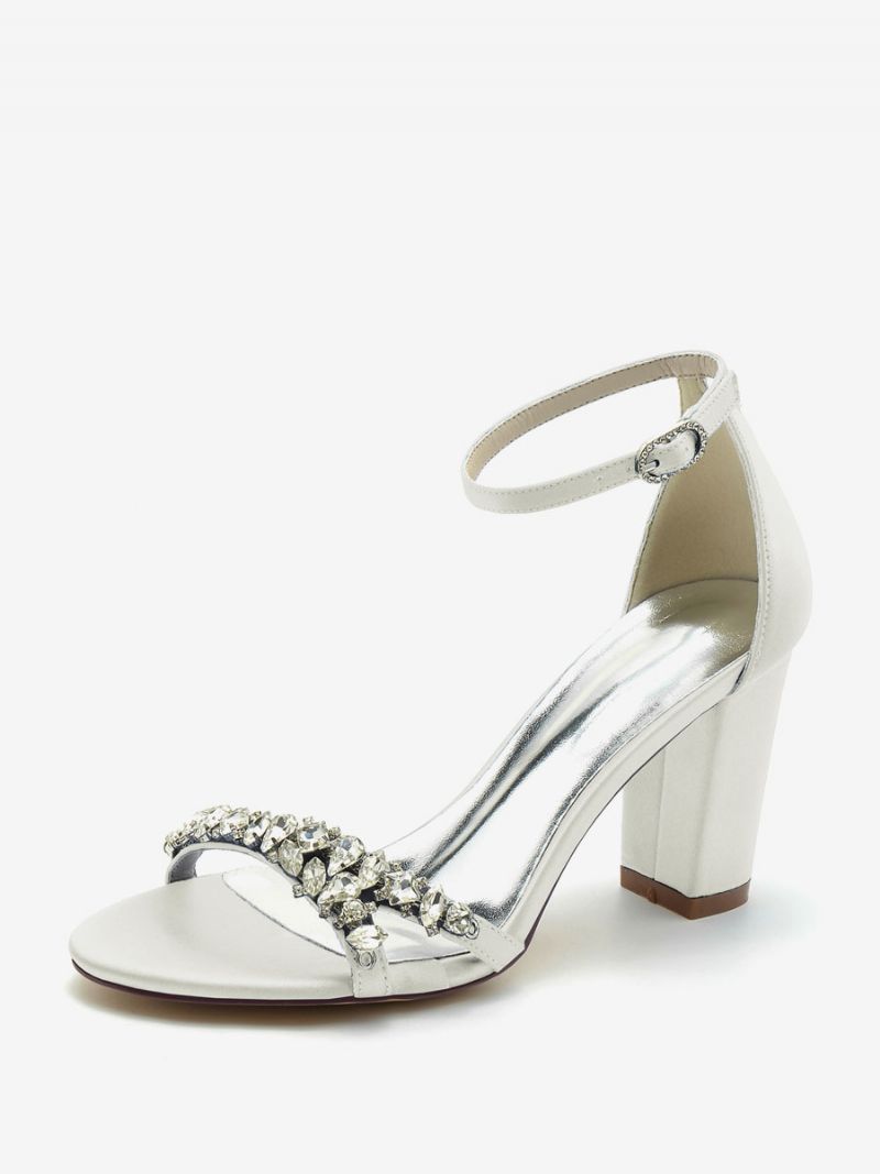 Brudesko Til Kvinder Satin Hvid Åben Tå Rhinestones Chunky Heel - Elfenben