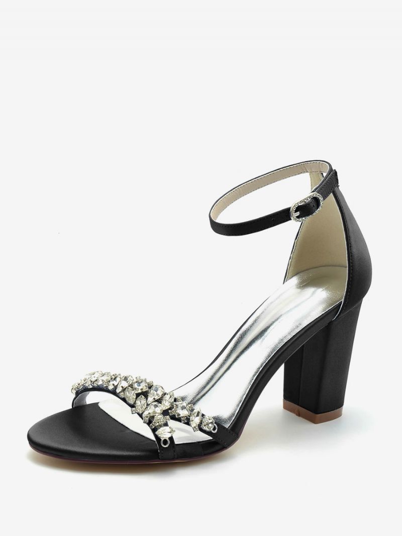 Brudesko Til Kvinder Satin Hvid Åben Tå Rhinestones Chunky Heel - Sort