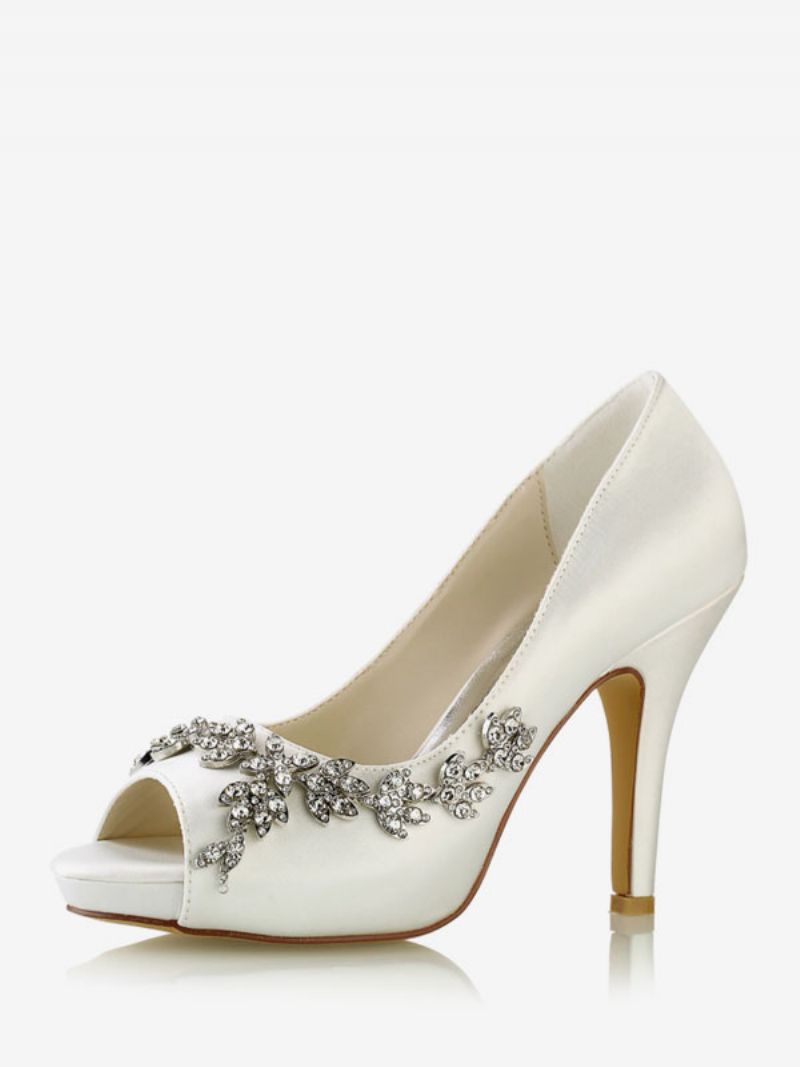 Brudesko Til Kvinder Satin Hvid Peep Toe Rhinestones Chunky Heel - Elfenben