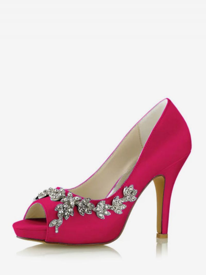 Brudesko Til Kvinder Satin Hvid Peep Toe Rhinestones Chunky Heel - Rose