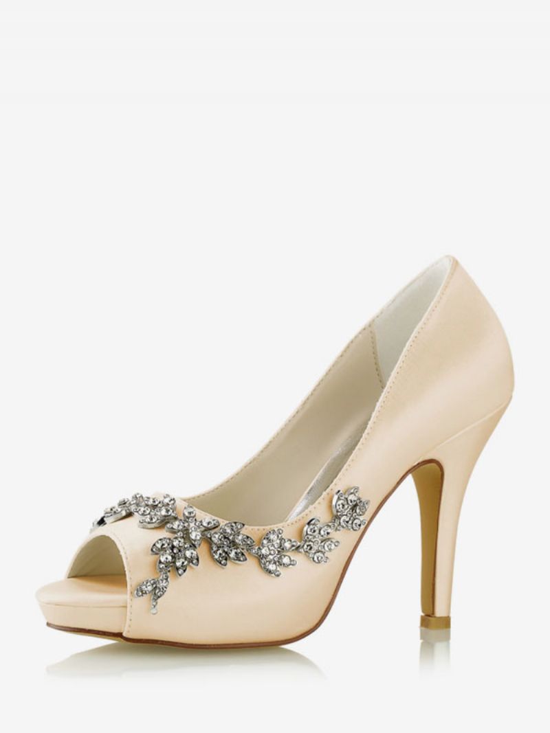 Brudesko Til Kvinder Satin Hvid Peep Toe Rhinestones Chunky Heel - Champagne