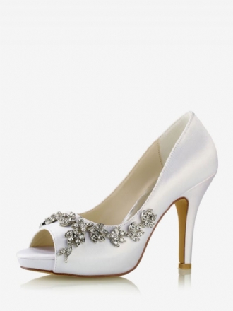 Brudesko Til Kvinder Satin Hvid Peep Toe Rhinestones Chunky Heel