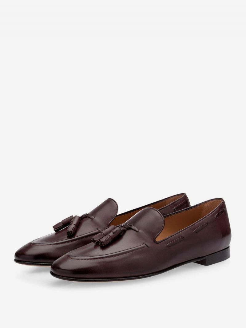 Brune Loafers Til Mænd Runde Tå Kvaster Slip On Dress Tassel Groom Sko