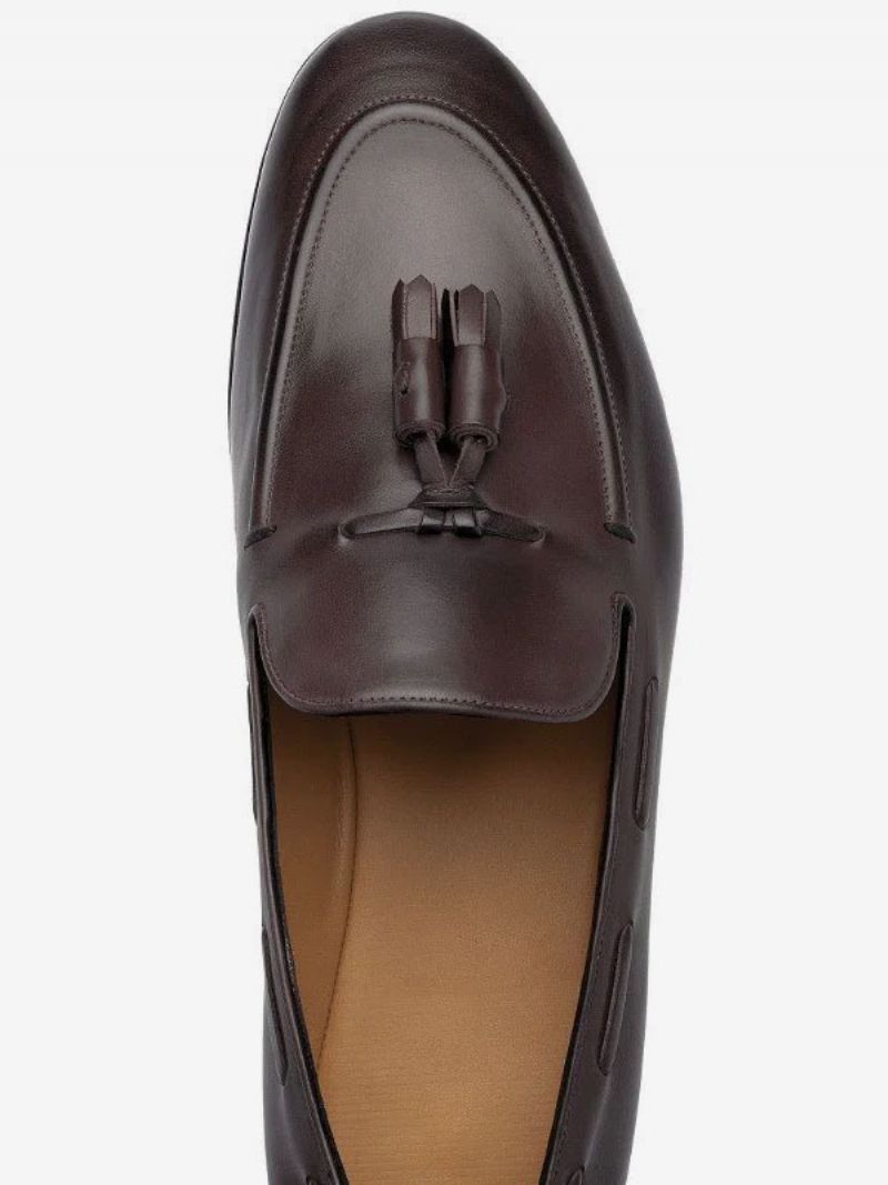 Brune Loafers Til Mænd Runde Tå Kvaster Slip On Dress Tassel Groom Sko - Dyb Brun