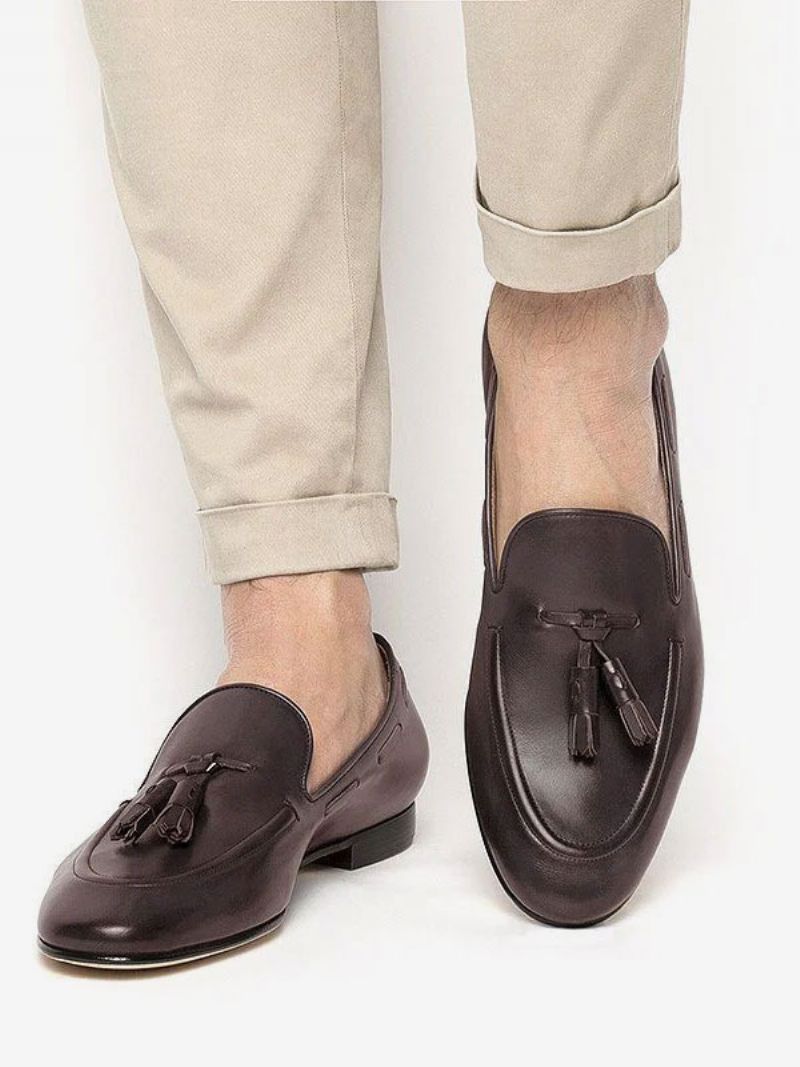 Brune Loafers Til Mænd Runde Tå Kvaster Slip On Dress Tassel Groom Sko - Dyb Brun